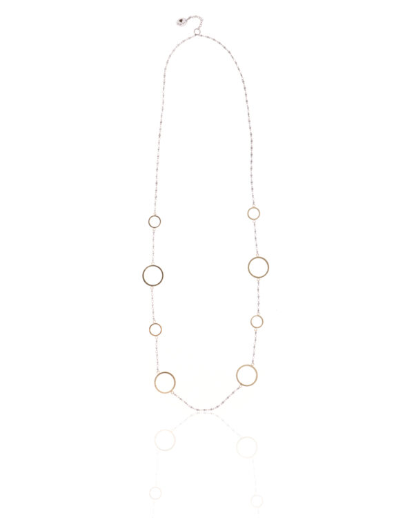 Long necklace with gold round shapes and delicate chain.