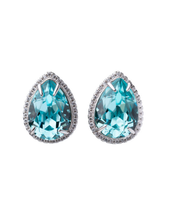 Turquoise Crystal Pear Earrings with Sparkling Clear Halo