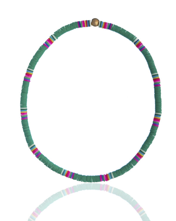 Green surf necklace with multicolored accents on a white background