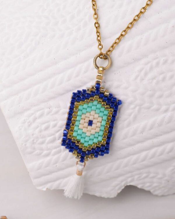 Miyuki Cuties Element – Blue Eye pendant made with blue, green, and white beads on a gold chain