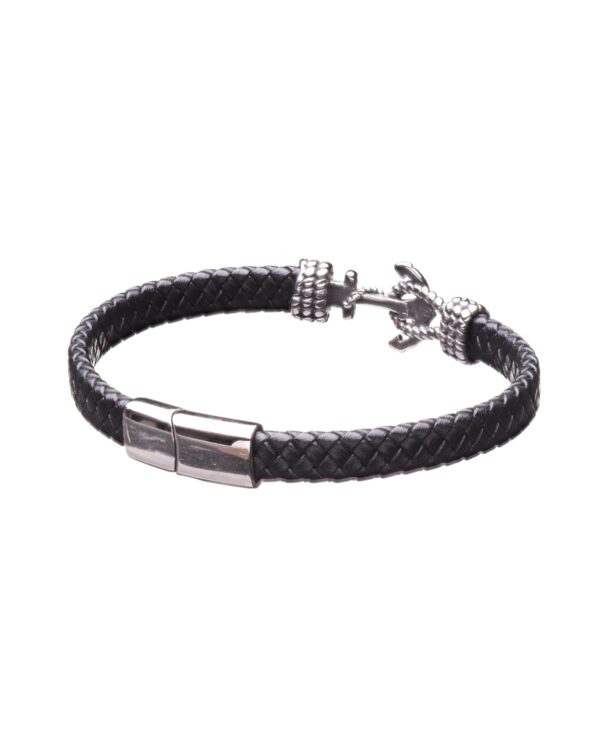 Black Leather Anchor Bracelet with Metal Clasp