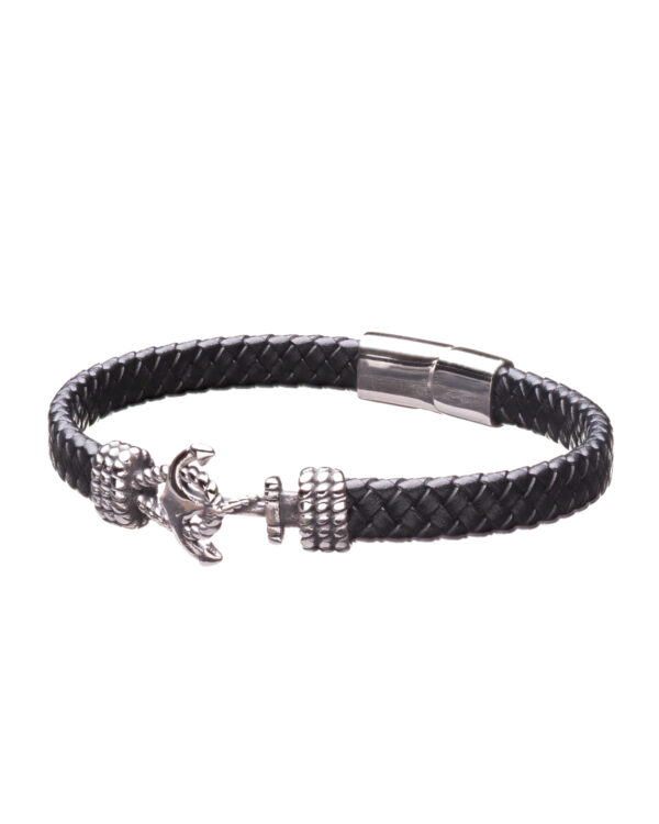 Men's bracelet featuring a braided leather band and a silver anchor clasp.