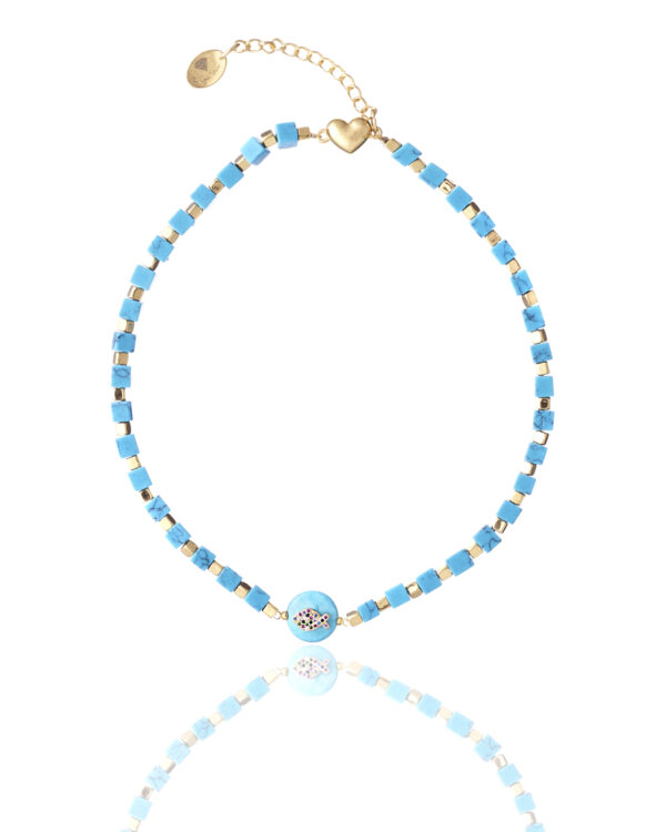 Turquoise Cubes Necklace with fish element on a white background