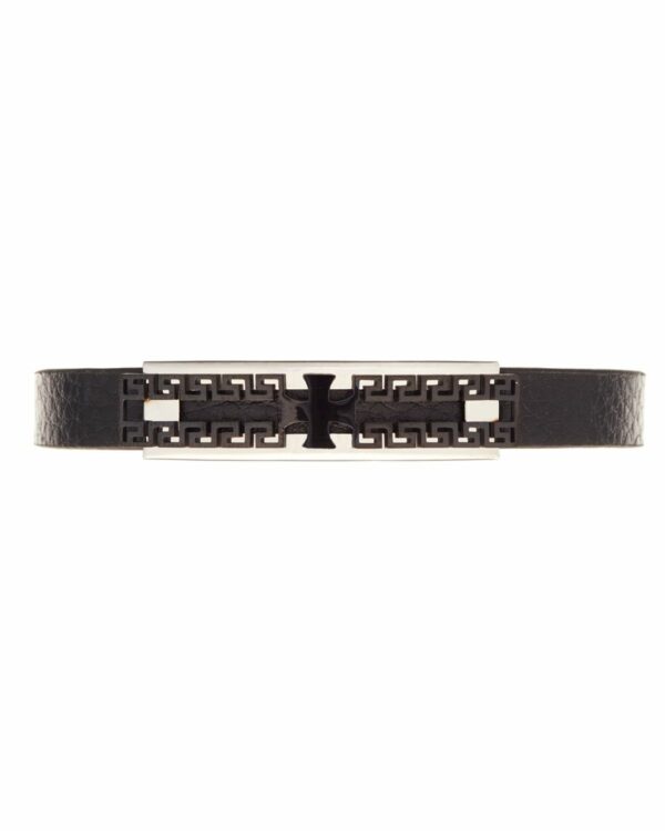 Men's bracelet featuring a braided leather design with a detailed silver cross element clasp.