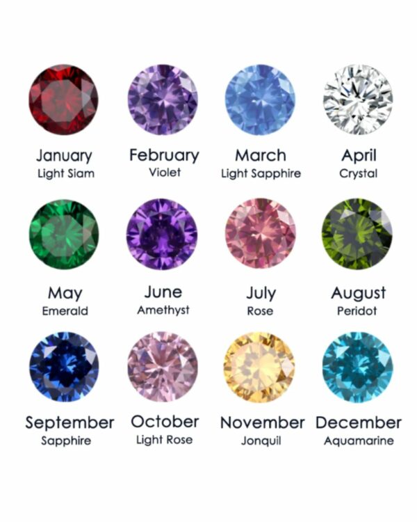 Birthstone crystals chart featuring monthly gemstones including Light Siam, Violet, Light Sapphire, Crystal, Emerald, Amethyst, Rose, Peridot, Sapphire, Light Rose, Jonquil, and Aquamarine