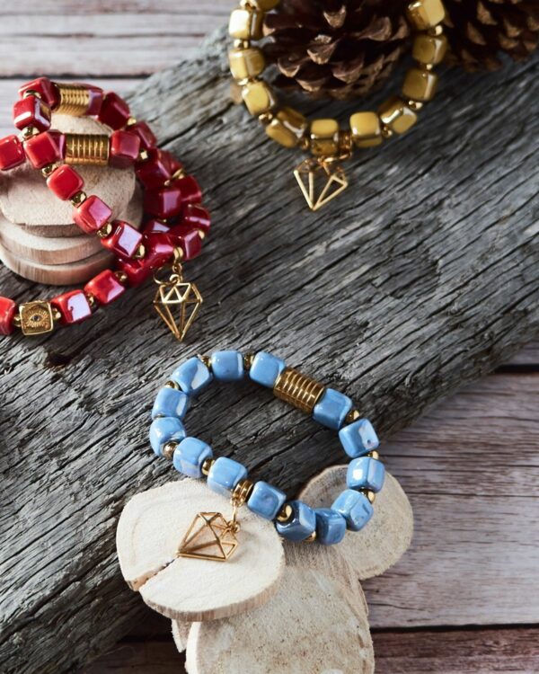 Colorful ceramic cube bracelets with gold accents