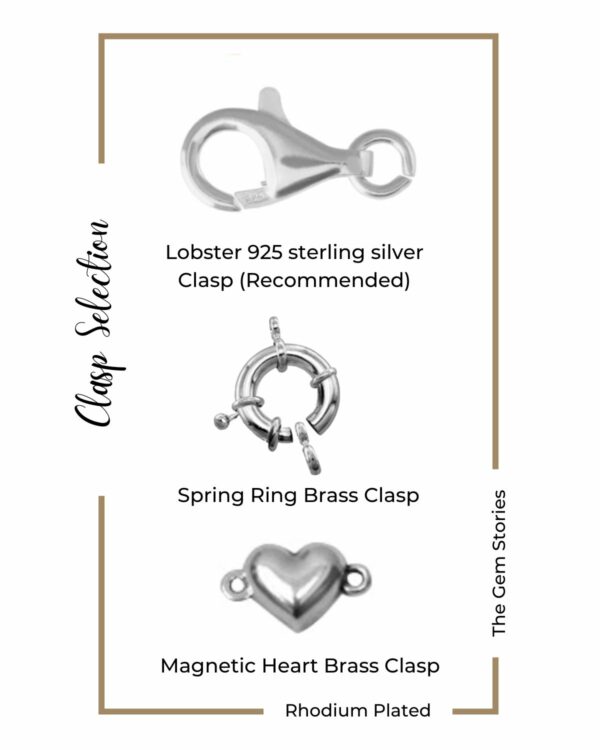 Selection of three rhodium clasps: Lobster 925 sterling silver clasp, Spring Ring brass clasp, and Magnetic Heart brass clasp