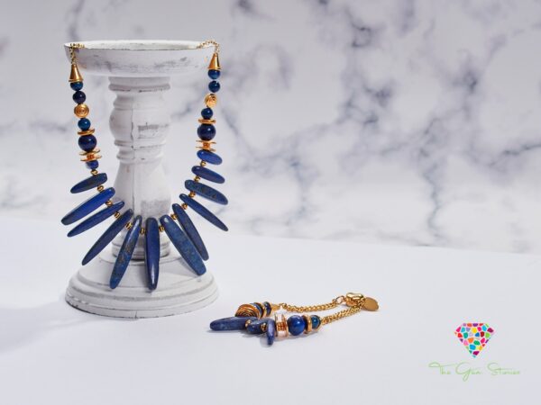 Lapis Lazuli Sticks Necklace on White Marble Stand