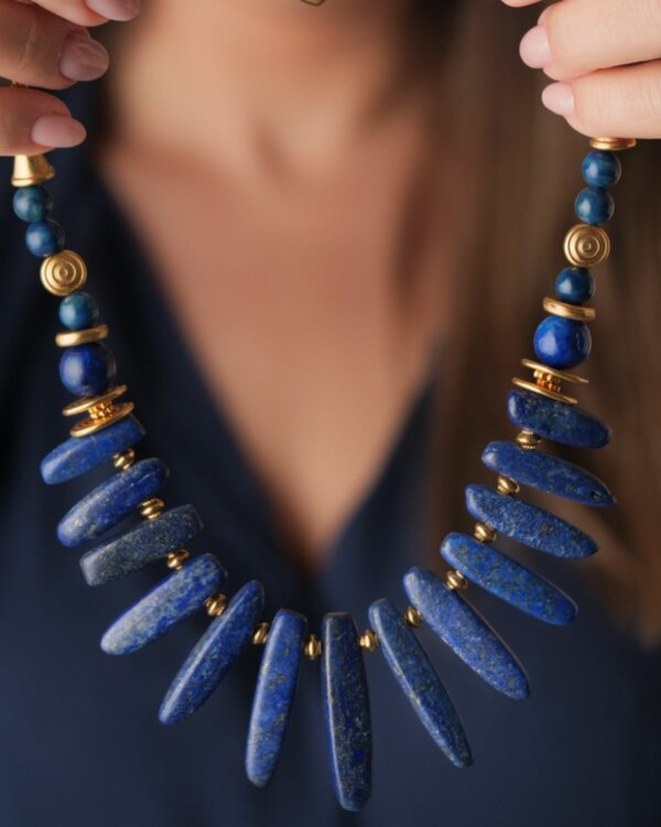 Lapis Lazuli Sticks Necklace Held Up Close
