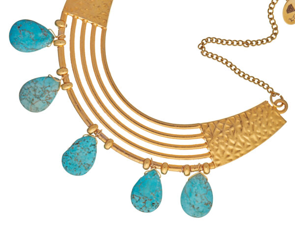 Gold necklace with light blue turquoise drops and hammered gold details
