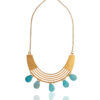 Elegant gold necklace with light blue turquoise teardrop pendants and reflective water-like effect