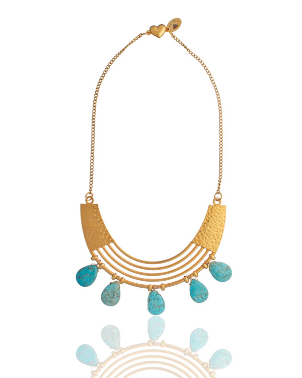 Elegant gold necklace with light blue turquoise teardrop pendants and reflective water-like effect