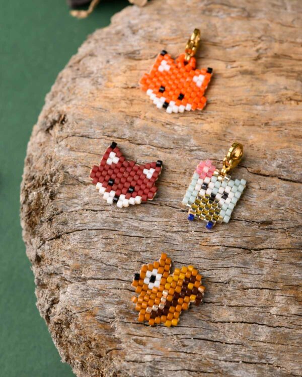 Miyuki Cuties Element Forest Animals collection featuring beaded designs of a fox, owl, squirrel, and cat
