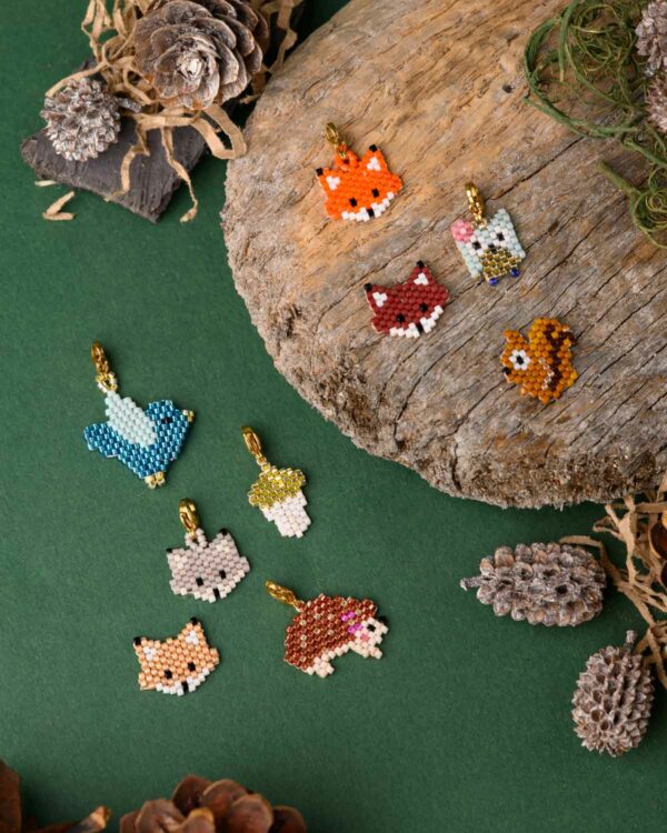 Miyuki Cuties Element Forest Animals collection featuring beaded designs of a fox, owl, squirrel, cat, and other woodland creatures