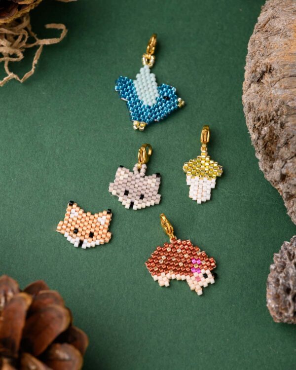 Miyuki Cuties Element Forest Animals collection featuring beaded designs of a bird, acorn, fox, cat, and hedgehog