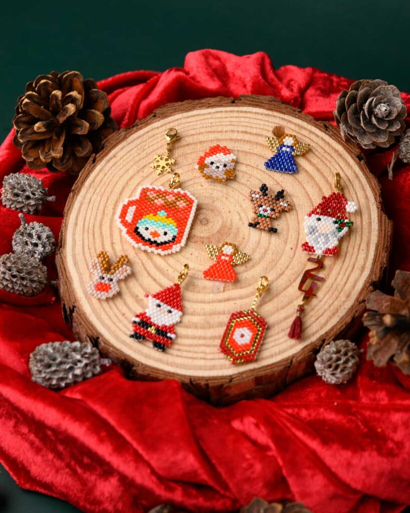 Collection of Miyuki Cuties Elements – XMAS featuring beaded designs of Santa, reindeer, angels, snowman, and festive ornaments