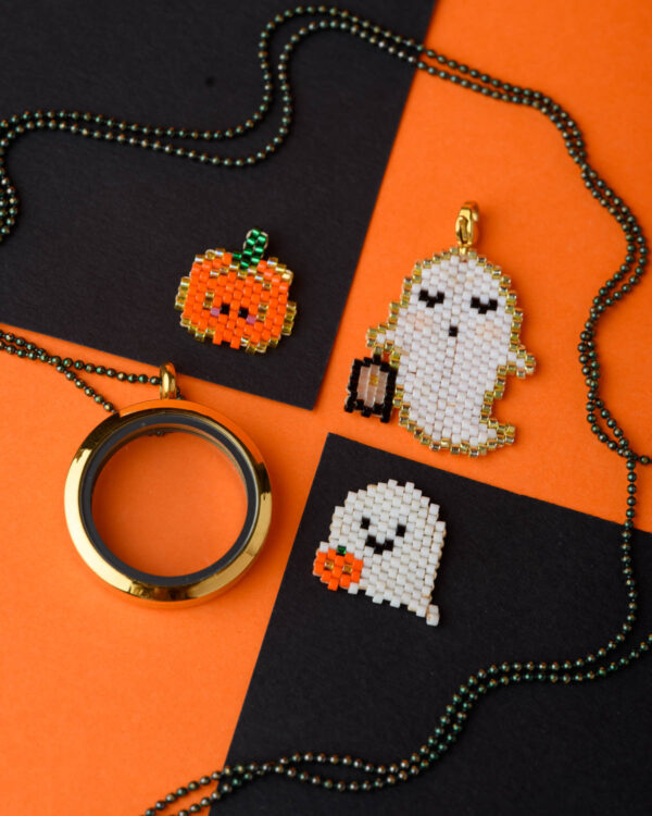 Collection of Miyuki Cuties Halloween Elements featuring beaded designs of a pumpkin and two ghosts
