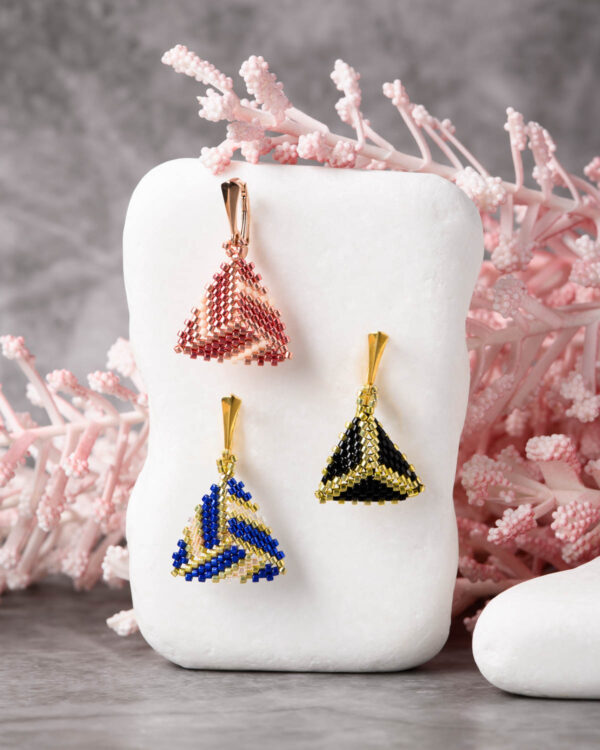 Three pairs of Miyuki triangle clip earrings in different color patterns