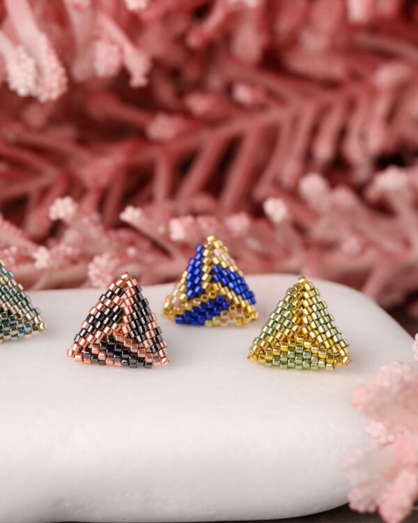 Miyuki triangle stud earrings in pink, blue, and green color patterns