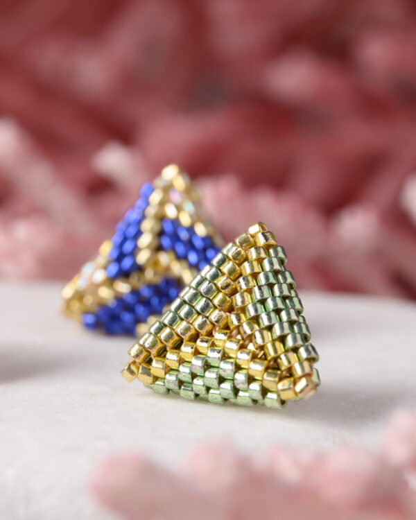 Miyuki triangle stud earrings in green and blue color patterns