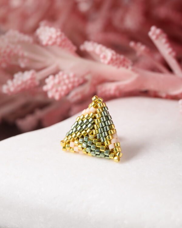 Miyuki triangle stud earring in green, gold, and pink color patterns