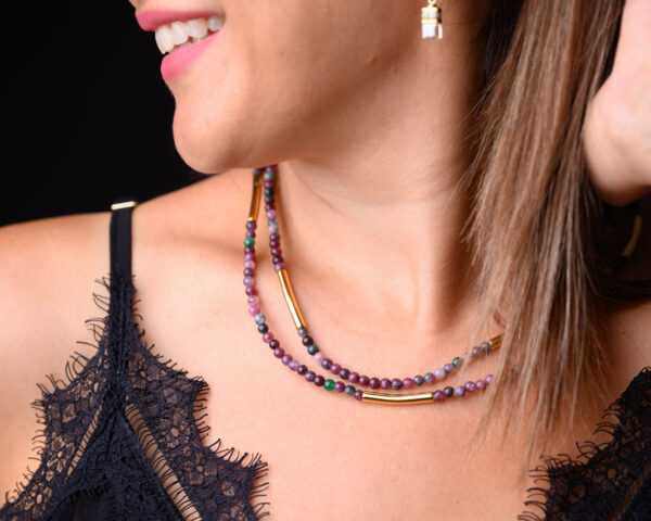 Double-strand necklace with red agate beads and gold accents