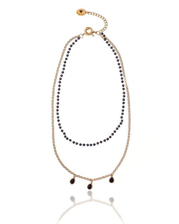 Rosario necklace with shimmering drop elements against a dark background.