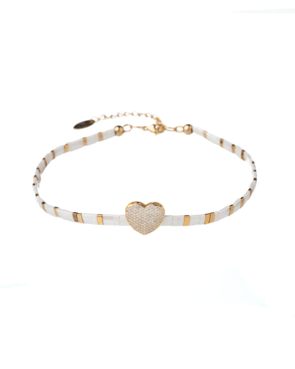 Necklace with heart pendant and Miyuki Tila beads in white and gold