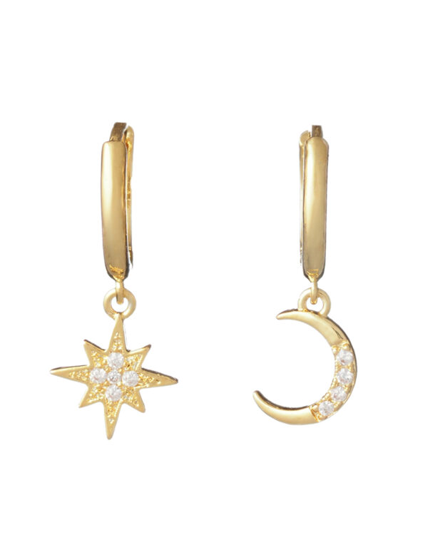 Moon and Star 925 Gold Plated Earrings – Celestial Charm with Pave-Set Crystals