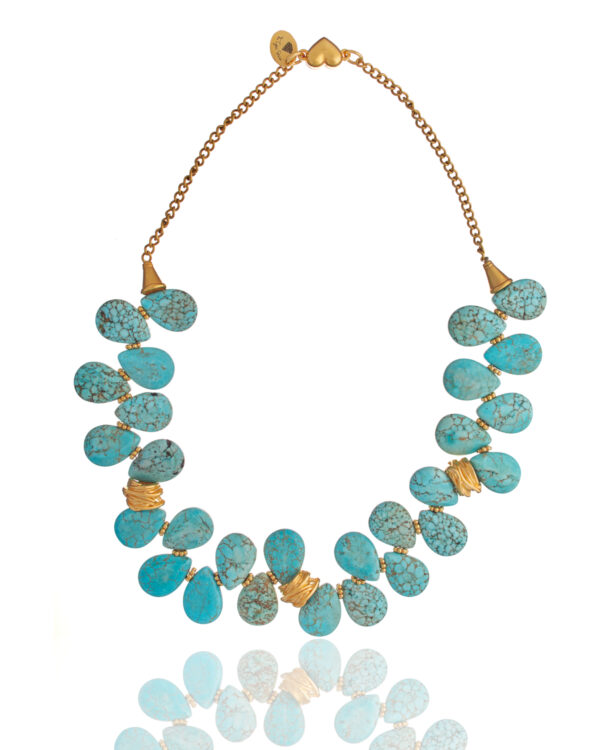 Turquoise drops necklace with blue turquoise stones and gold chain.