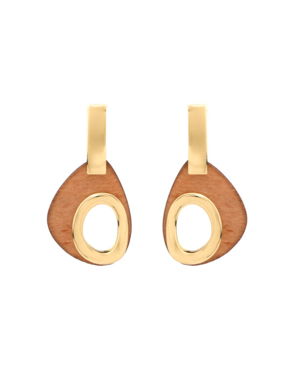 Contemporary Wood and Metal Earrings with Teardrop and Circle Design