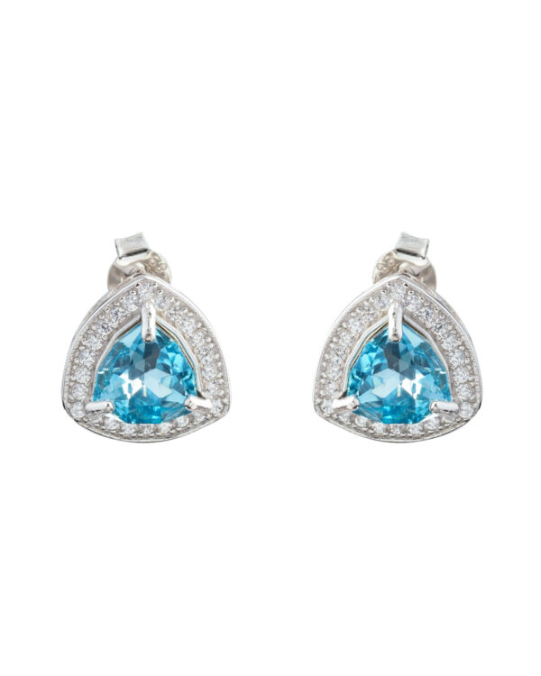 Trilliant Aquamarine Silver Earrings with Diamond Accents