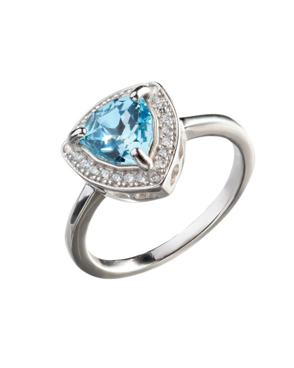 Aquamarine Trilliant Ring with Rhodium Plating