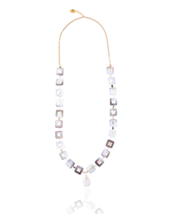 Black square mother of pearls necklace with decorative motif on white background