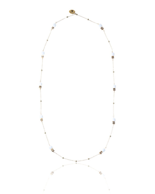 Long white alabaster necklace with gold accents and delicate chain