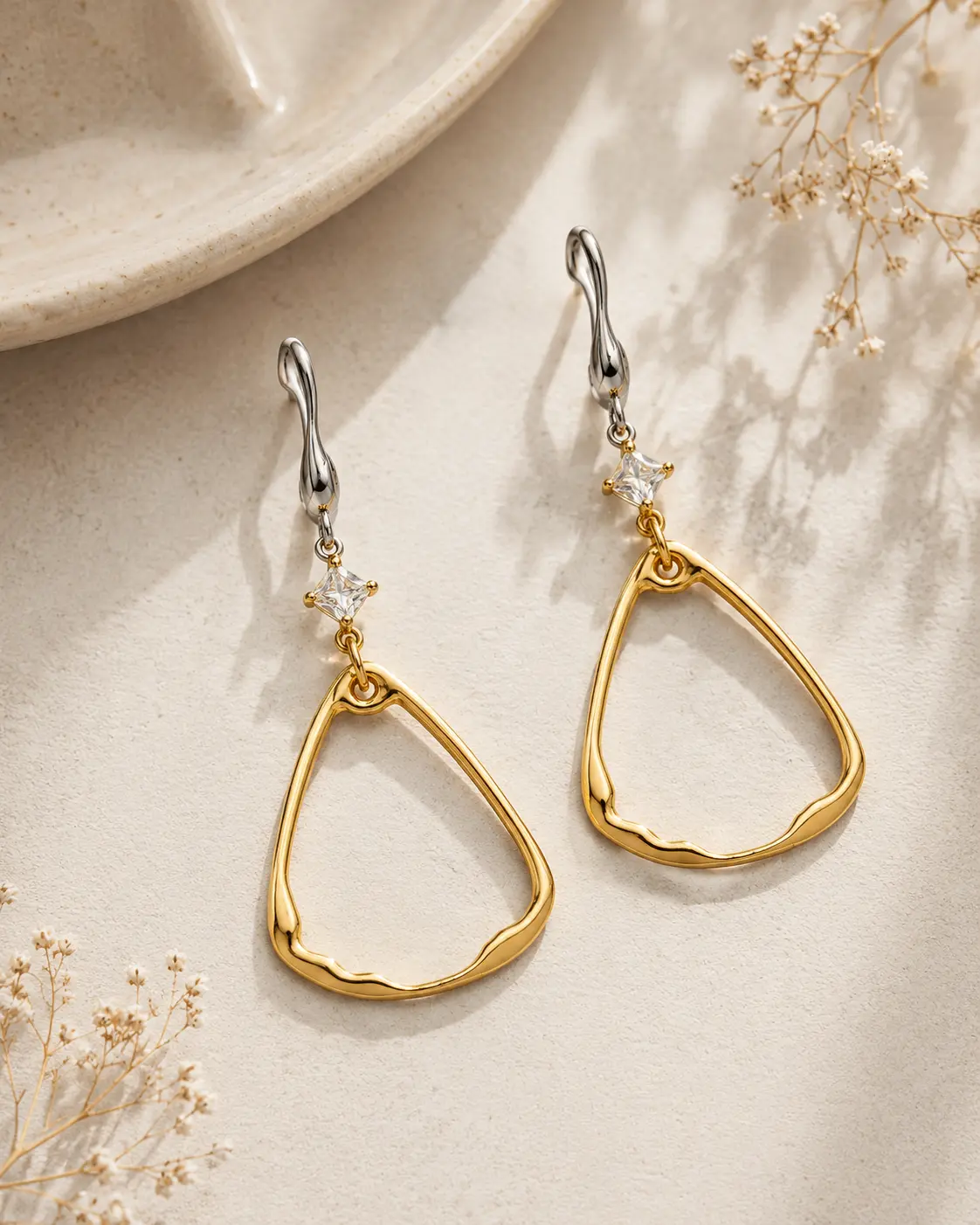 Large Abstract Earrings Large Gold Abstract Teardrop Earrings with Dark Hooks