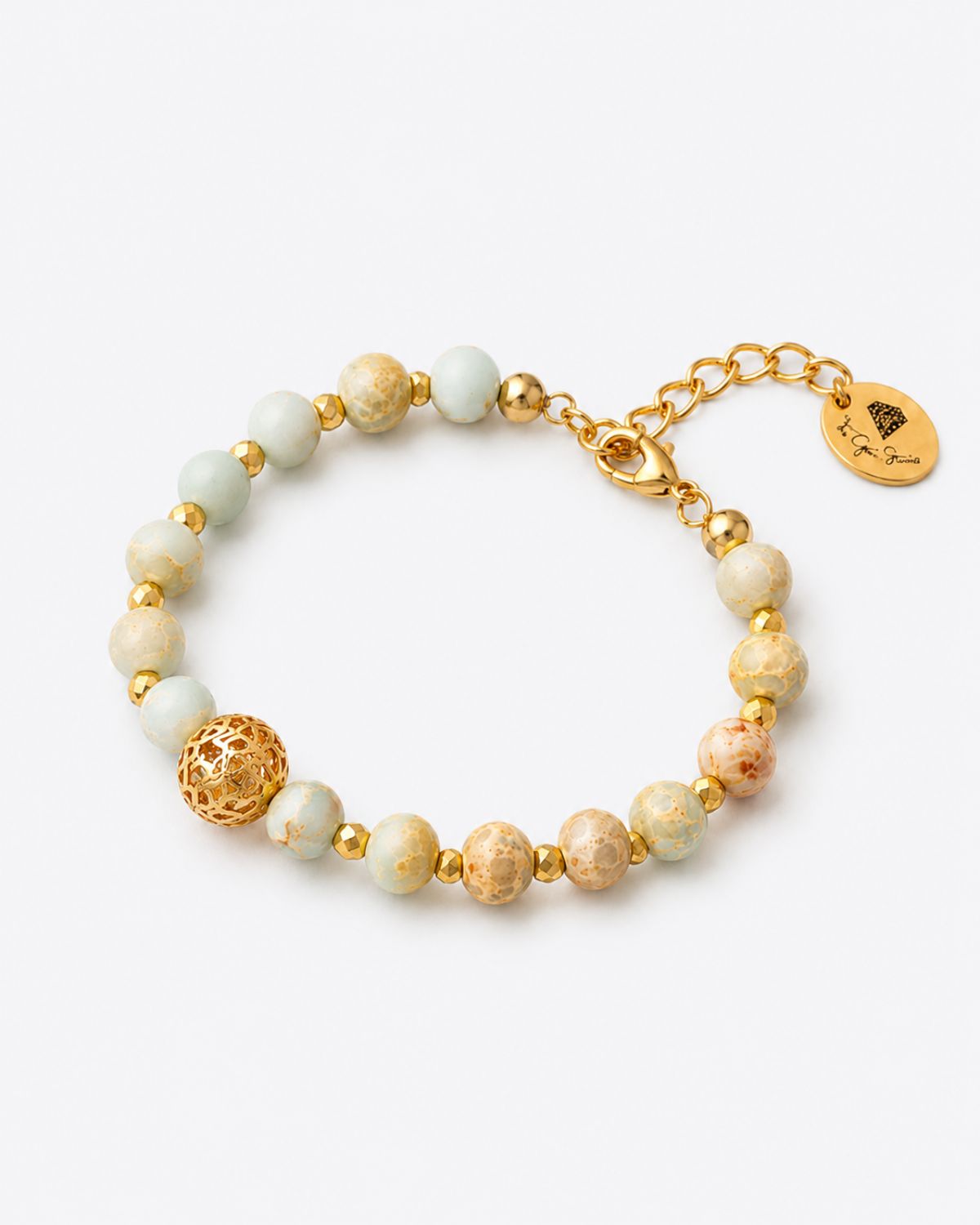 KY9U34305-The-Gem-Stories-Jasper-Bracelet-with-Filigree-Element-Basic-Image Jasper Bracelet with filigree element featuring natural jasper stones and intricate design
