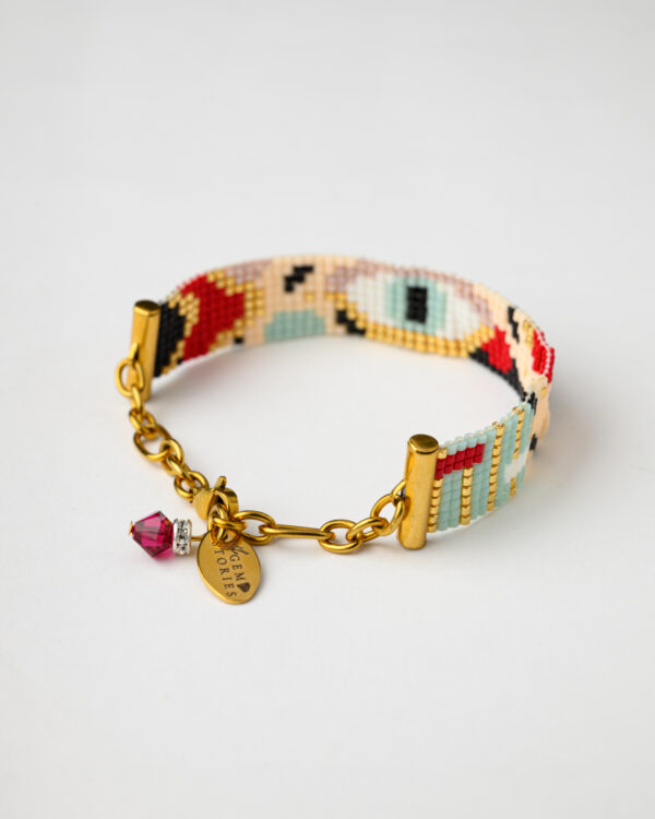 Vibrant Miyuki Loom Eye Bracelet with multicolored beads and a gold clasp.