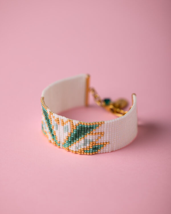 Miyuki loom-stitched swan bracelet in green shades by The Gem Stories.