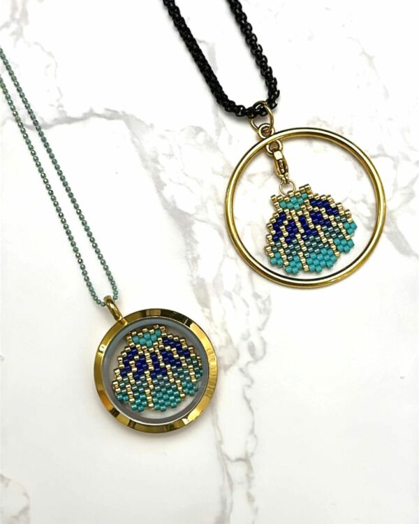 Two necklaces featuring Miyuki beadwork shell pendants encased in round gold frames.