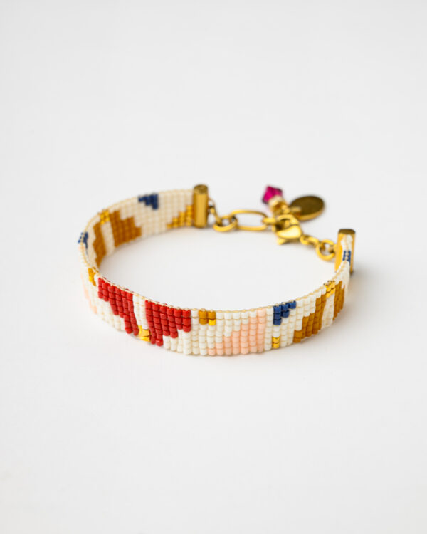 Handmade Miyuki Loom Seraphina Bracelet with gold clasp and multicolored beadwork, featuring a pink crystal charm.
