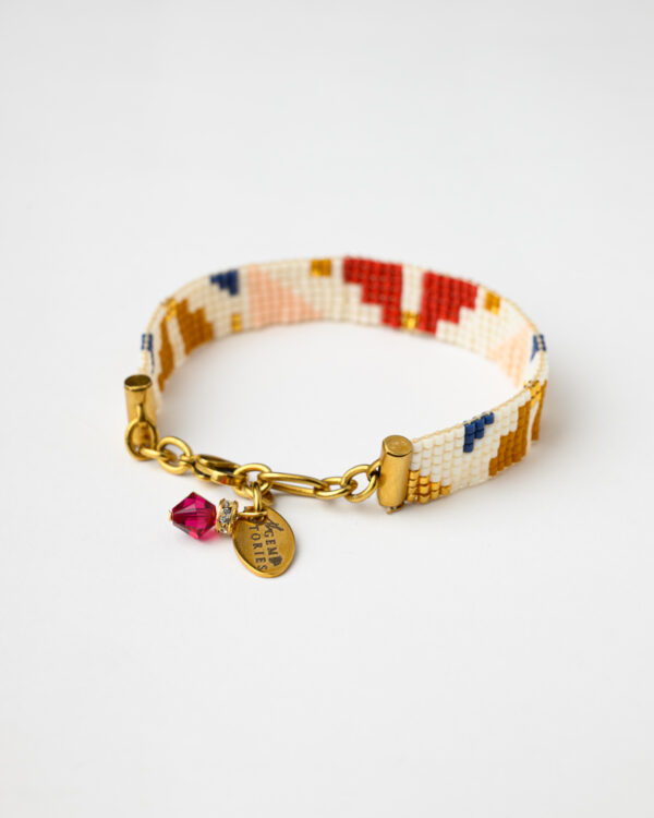 Miyuki Loom Seraphina Bracelet with gold clasp and multicolor design featuring a pink crystal charm
