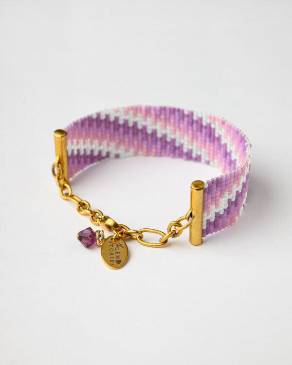 Lavender Dream Miyuki Bracelet by The Gem Stories, featuring intricate beadwork in purple, pink, and white tones.