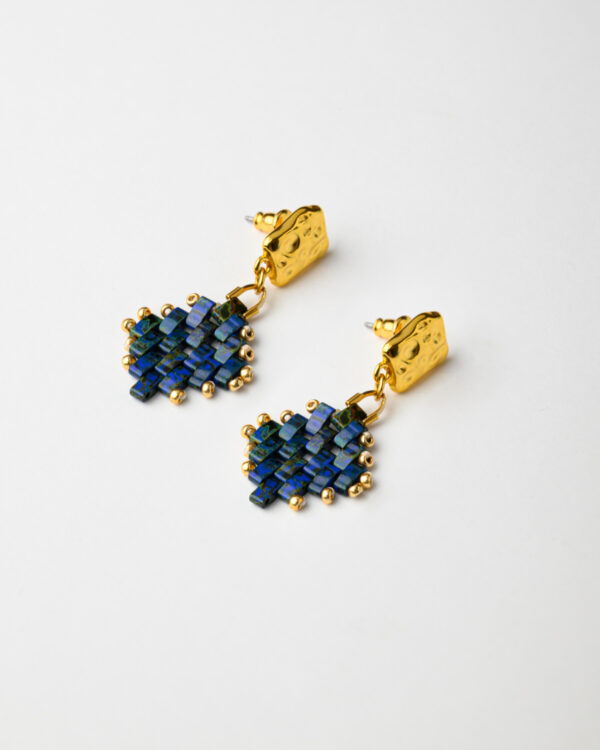 Miyuki Half Tila earrings with lapis lazuli beads and gold-toned accents.