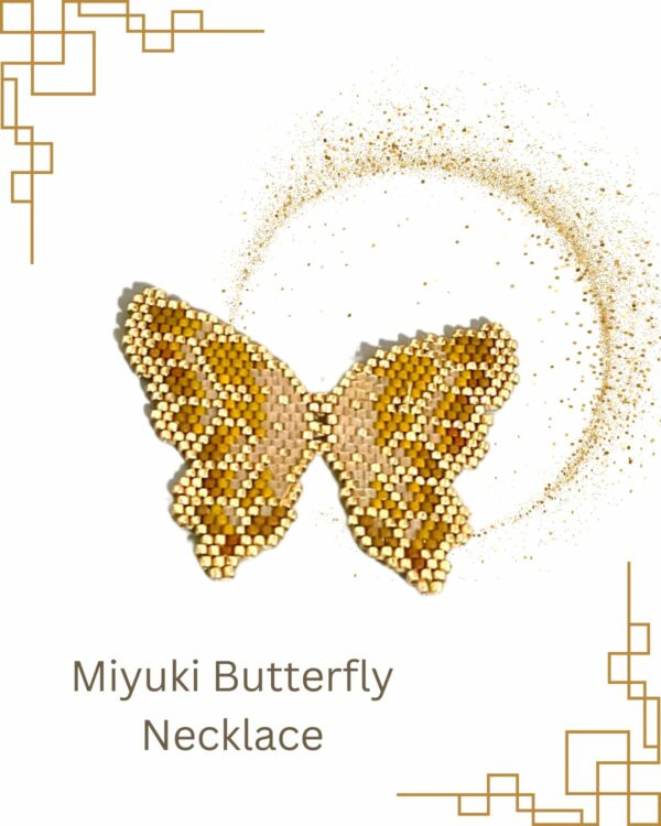 Miyuki butterfly necklace in golden tones displayed against a white background with decorative gold accents.