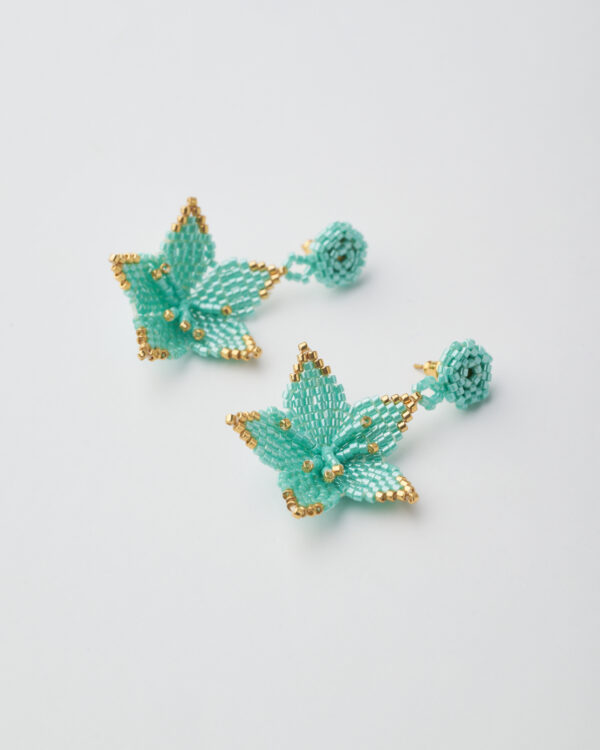 Handmade mint green floral earrings made with Miyuki beads and gold accents.