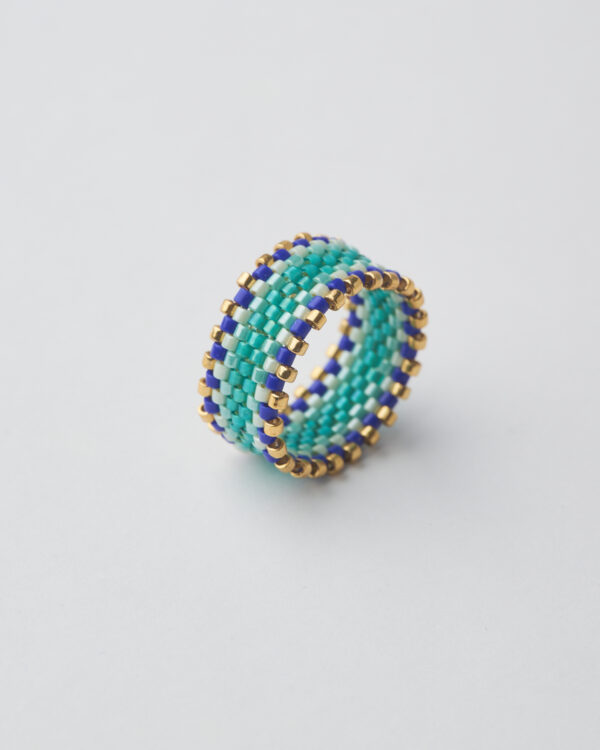 Handcrafted ring with turquoise, blue, and white Miyuki beads and gold accents.