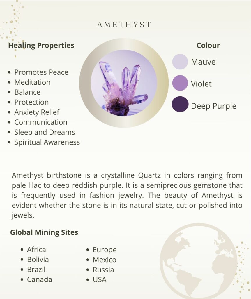 February birthstone amethyst with healing properties promoting peace, meditation, and balance, displayed in vibrant violet and purple hues.