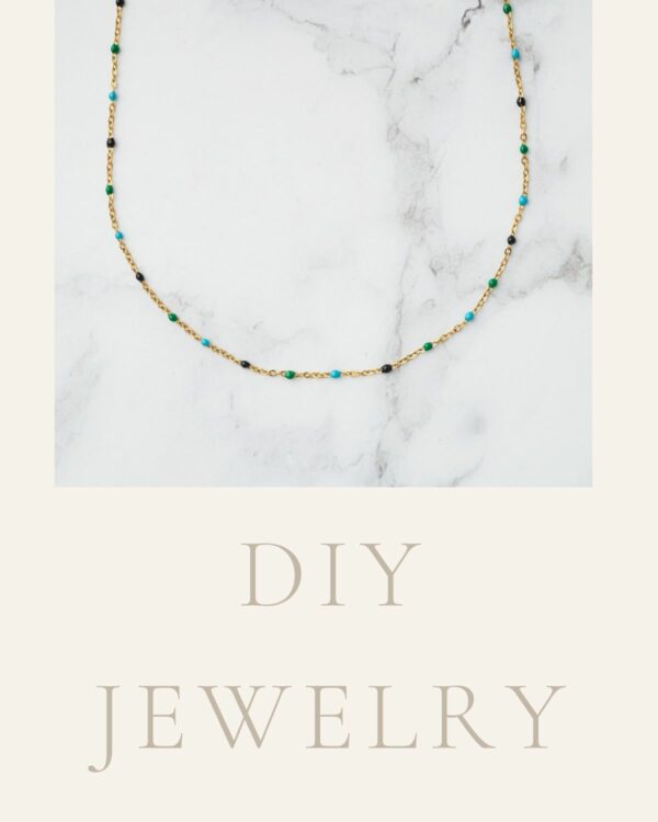 Long Chain Necklace with Petite Dots, 24k Gold Plated, with black and green accents, perfect for DIY jewelry making.