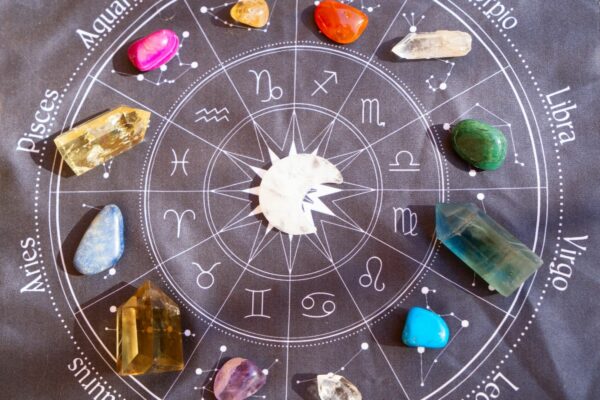 Zodiac birthstone map with crystals aligned to each astrological sign.